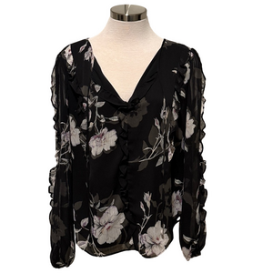 White House Black Market black floral blouse sz M